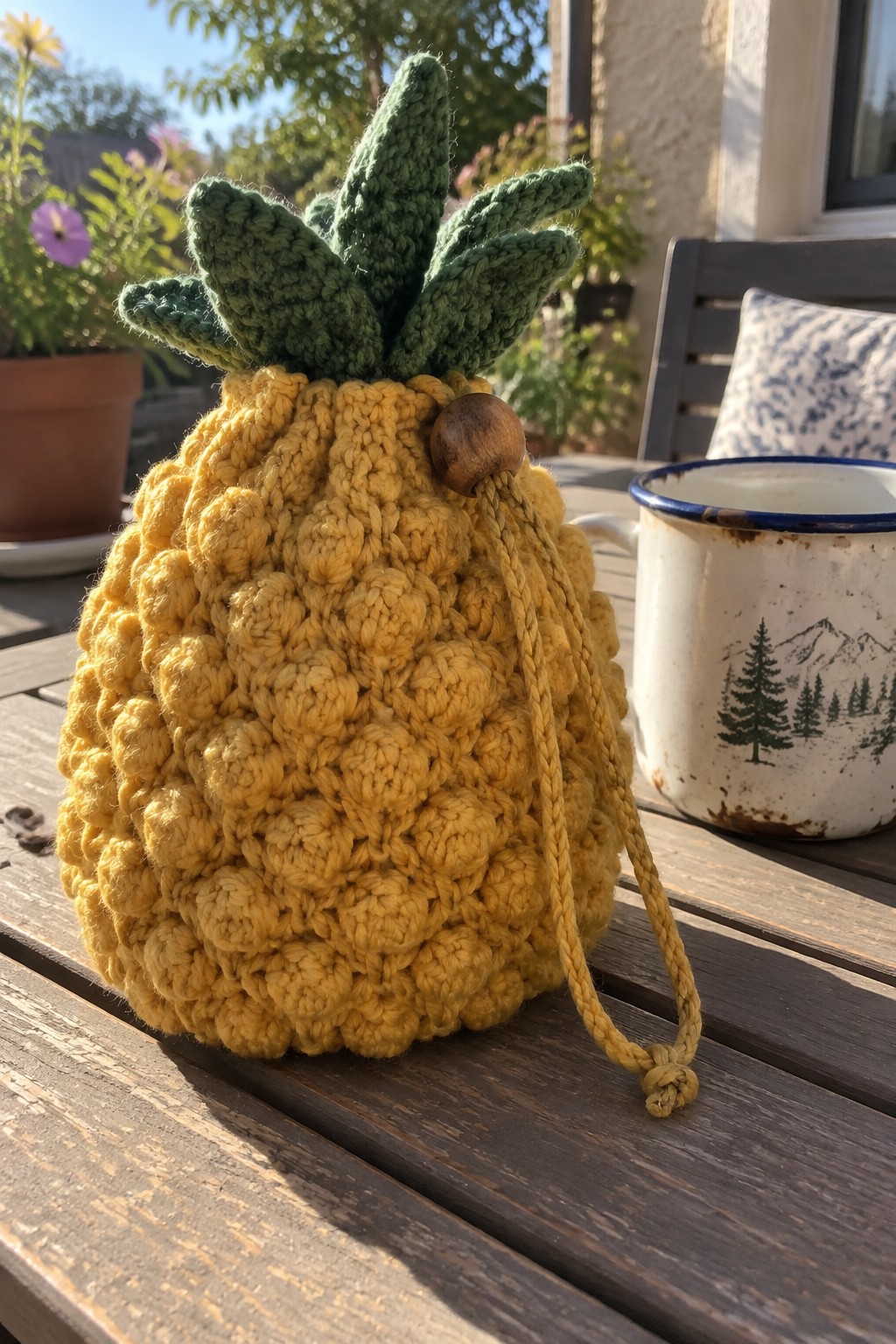 Yellow crocheted pineapple pouch with green leaves beside enamel mug on wooden table