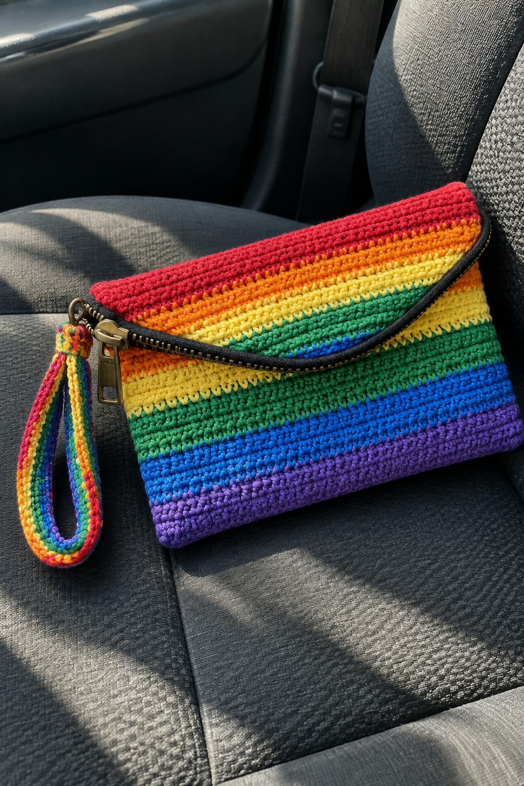 A rainbow striped crocheted clutch bag with a zipper and wrist strap on a car seat.