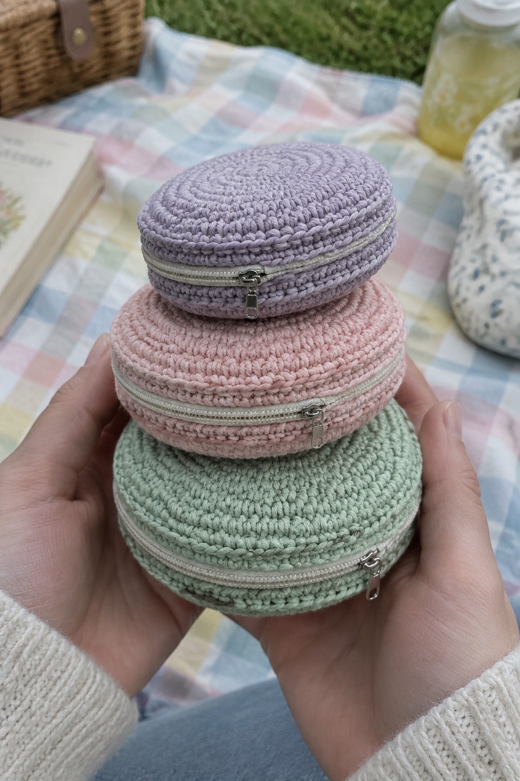 Three round crocheted clutches in lavender, pink, and mint green with zippers stacked in hands on a picnic blanket.