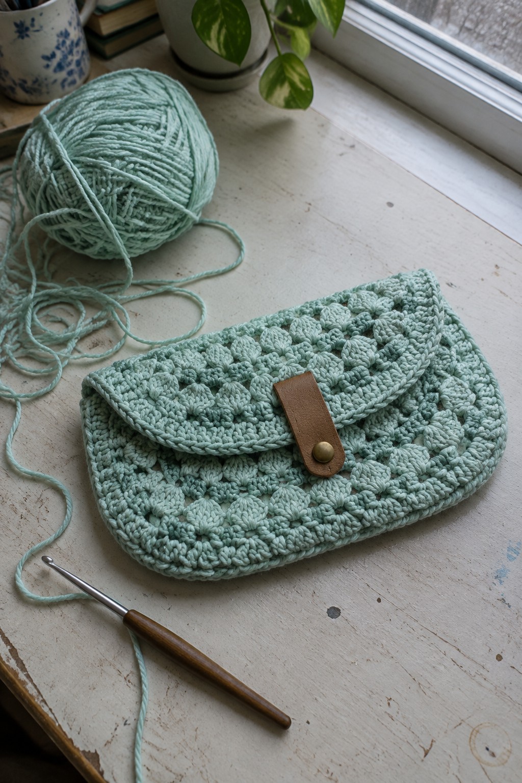Mint green crocheted clutch with leather tab beside yarn and hook on wood table.