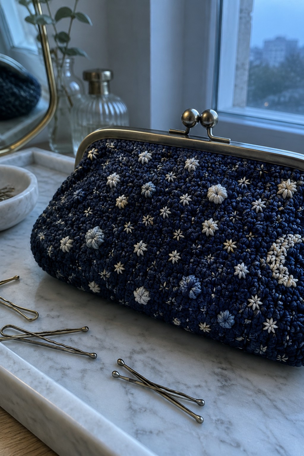 Navy blue crocheted clutch with white floral details and metal clasp on marble tray