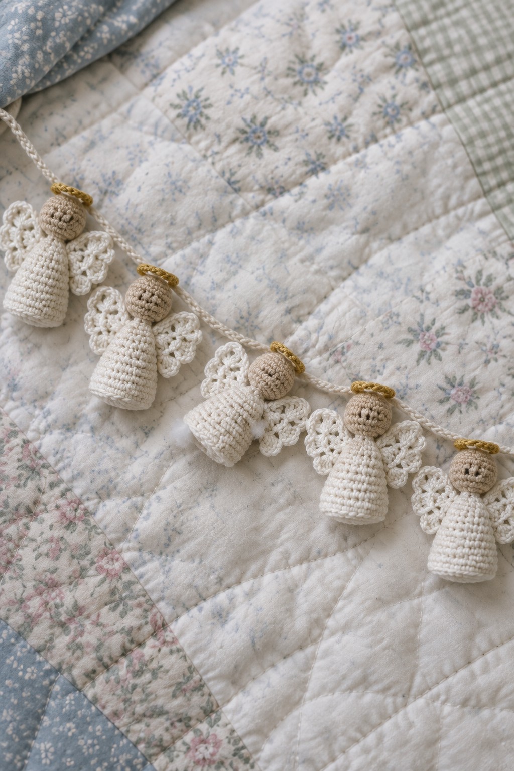 Crocheted angel garland with golden halos on floral quilted blanket