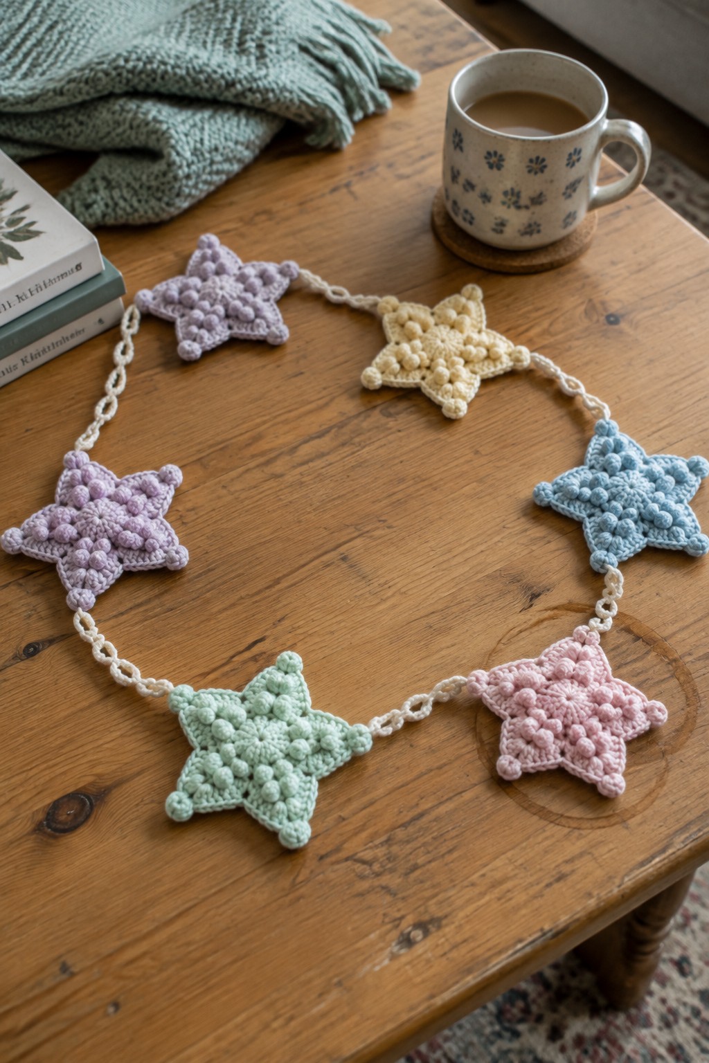 Crocheted pastel star garland on wooden table with mug and books