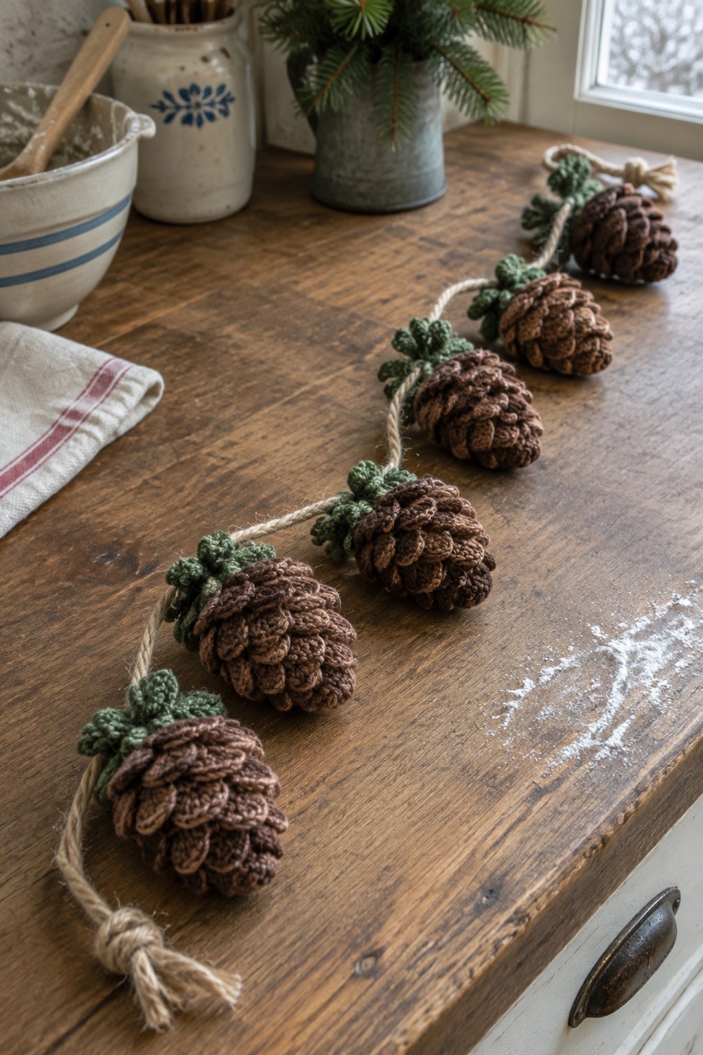 Crocheted brown pinecone garland with green accents on rustic wooden table