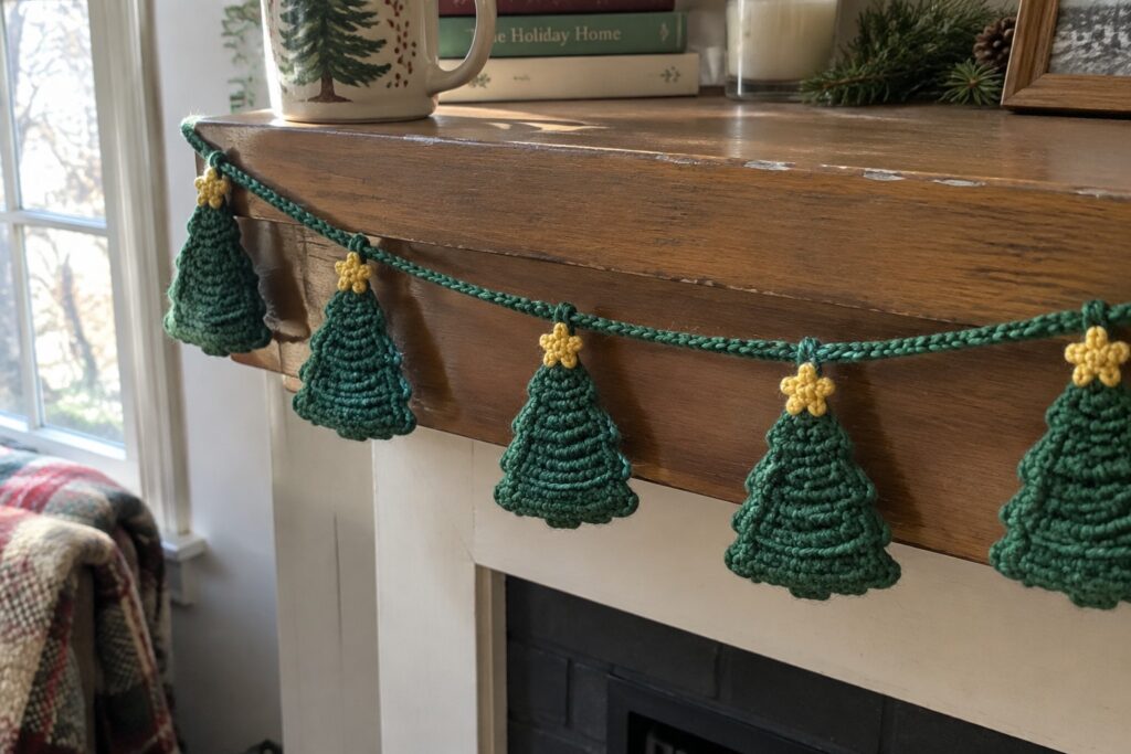 Crocheted green Christmas tree garland with yellow tops on white mantel