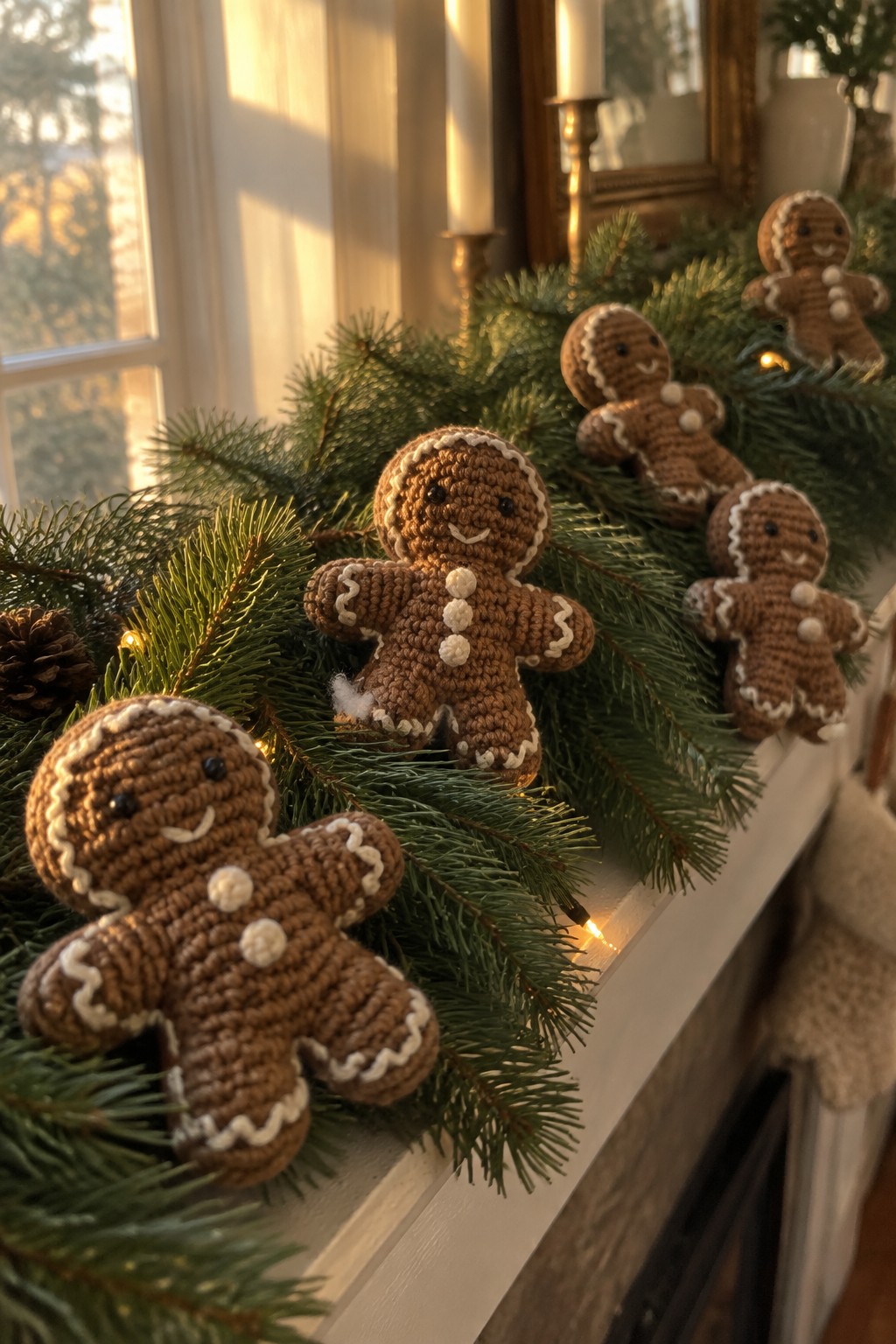 Crocheted gingerbread men on a lit evergreen garland by a sunny window.