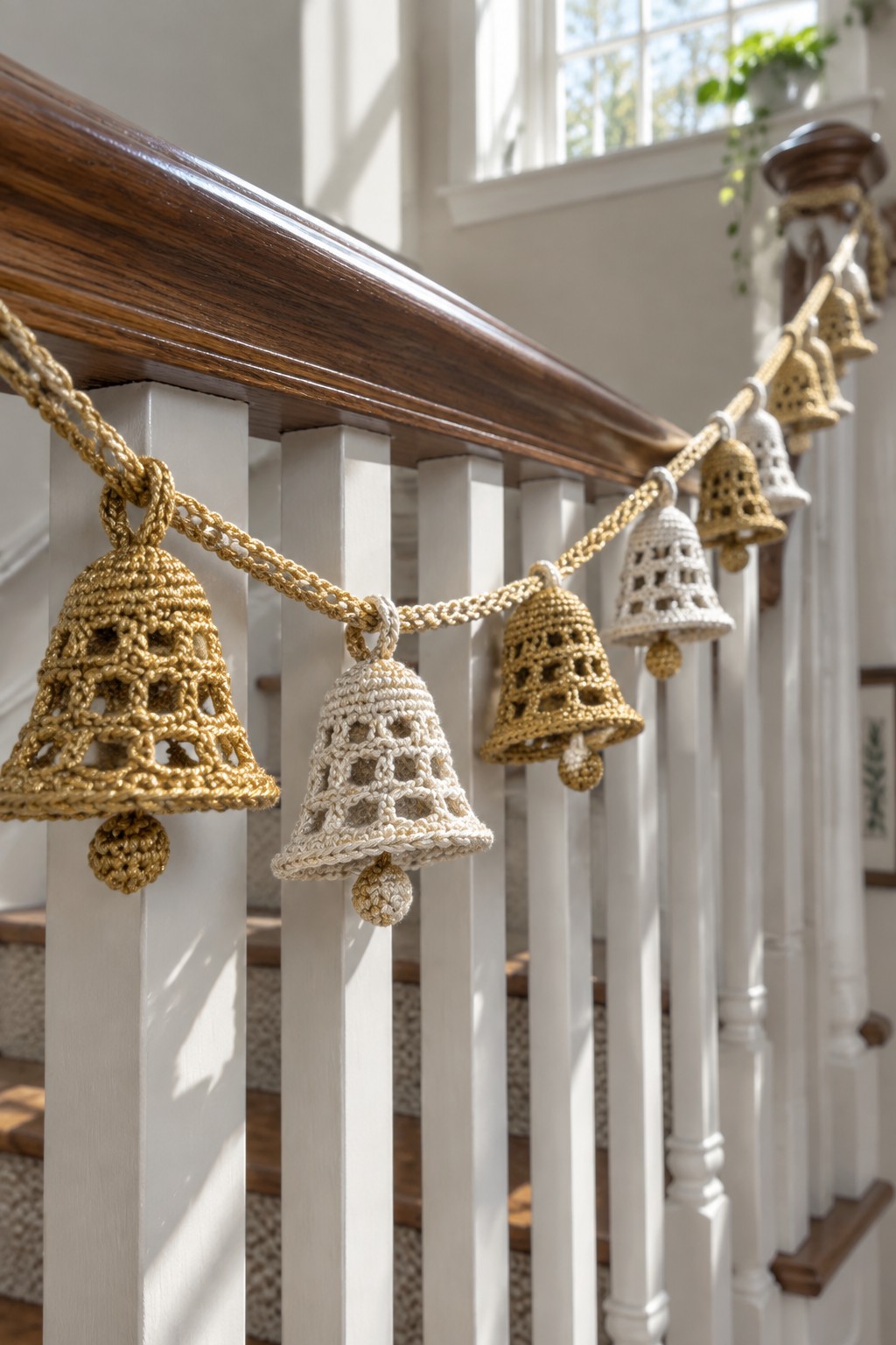 Crocheted gold and cream bells hang from a chain along a wooden staircase railing.