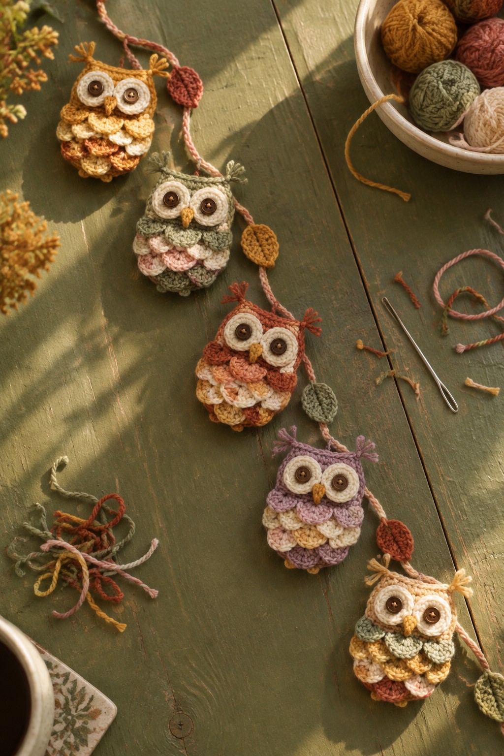 Crocheted owl ornaments in soft autumn colors on a green wooden table with yarn.