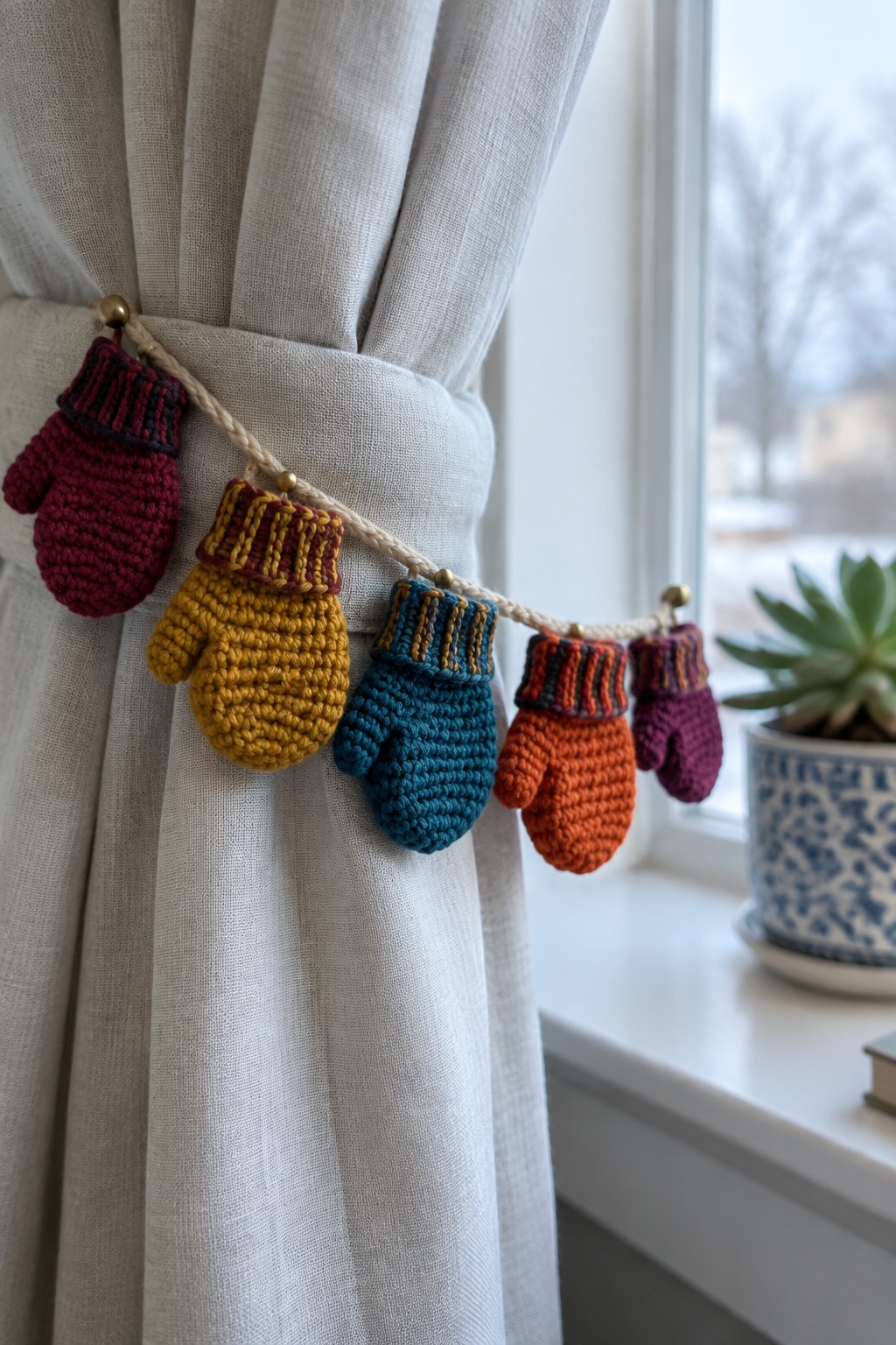 A string of small colorful crocheted mittens hangs across a light curtain near a window.