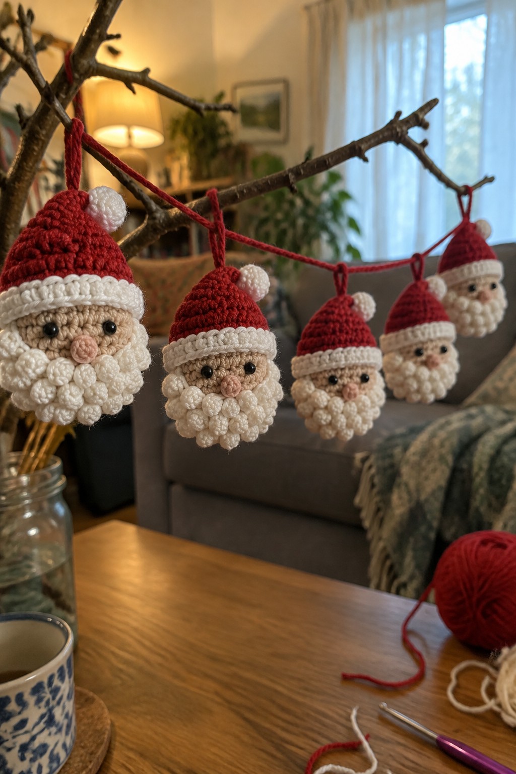 Crocheted Santa ornaments with red hats and white beards hang from a bare branch.