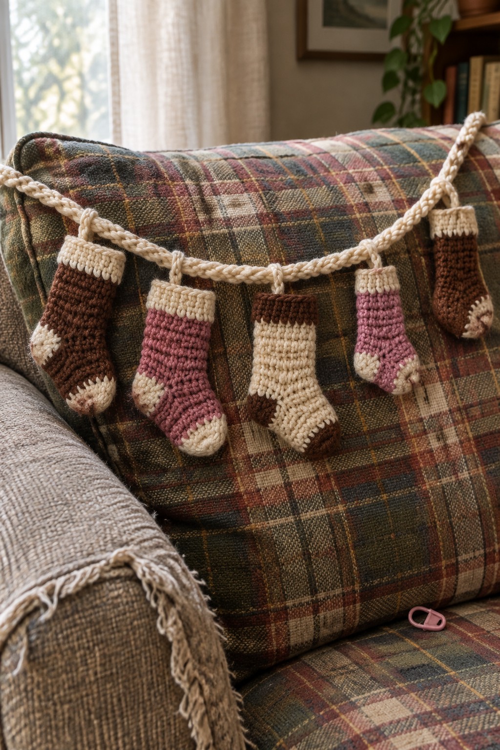 Knitted Christmas stockings garland in brown, pink, and beige on plaid couch