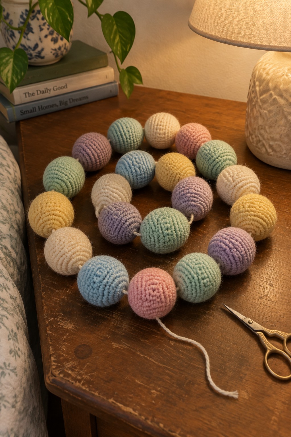 Pastel crocheted yarn ball garland looped on rustic wooden table with scissors
