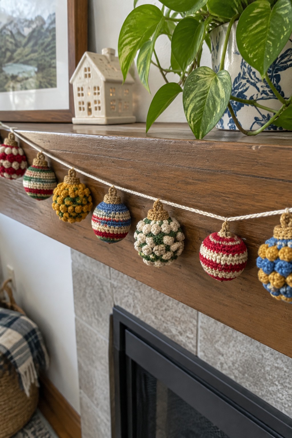 Crocheted Christmas ornaments garland on wooden mantel with potted plant and house