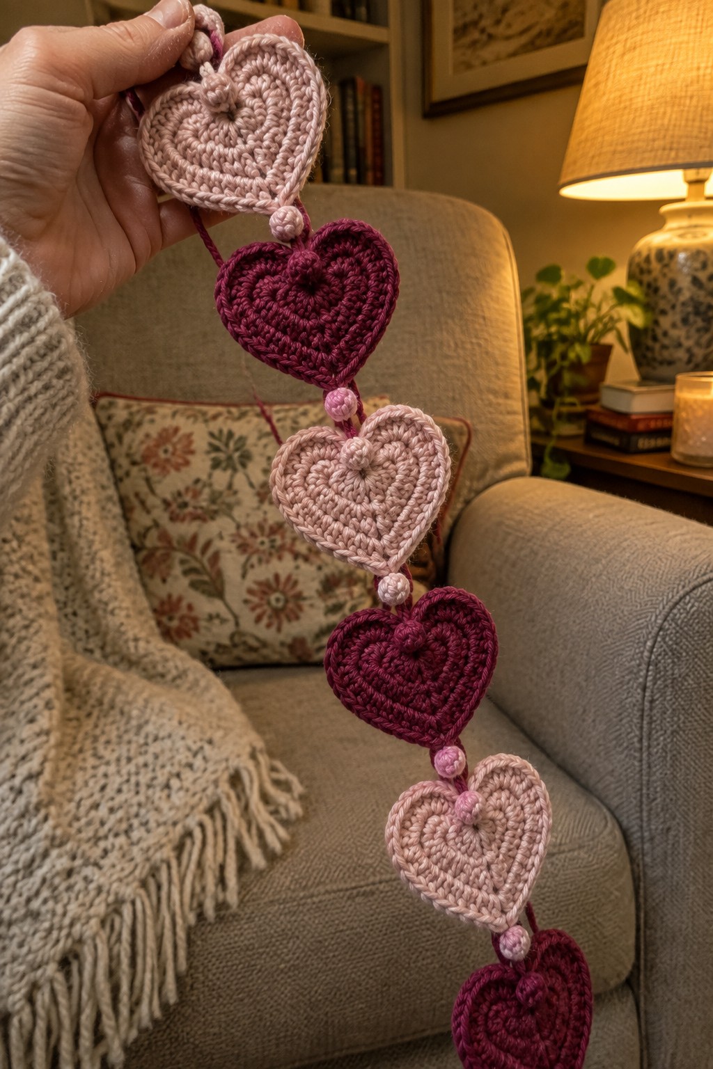 Hand in knit sweater holds pink and magenta crocheted heart garland above couch.