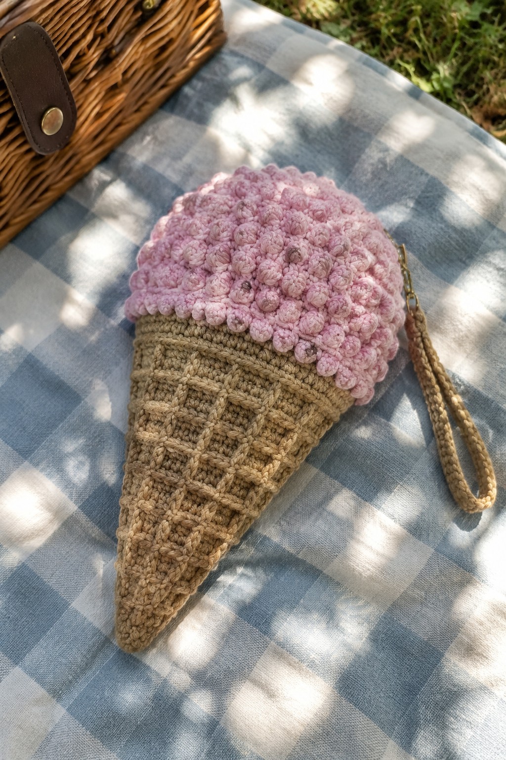 Crocheted pink ice cream cone pouch on blue checkered picnic blanket near basket