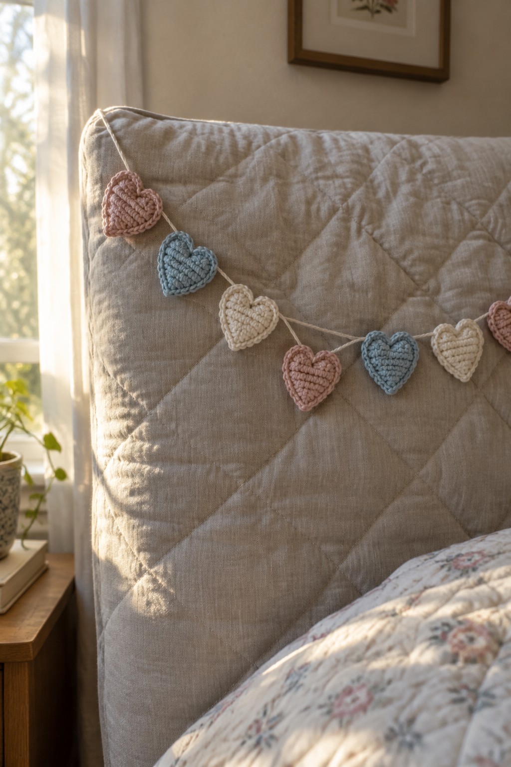 A string of small crocheted hearts in pink, blue, and cream draped over a quilted bed headboard.