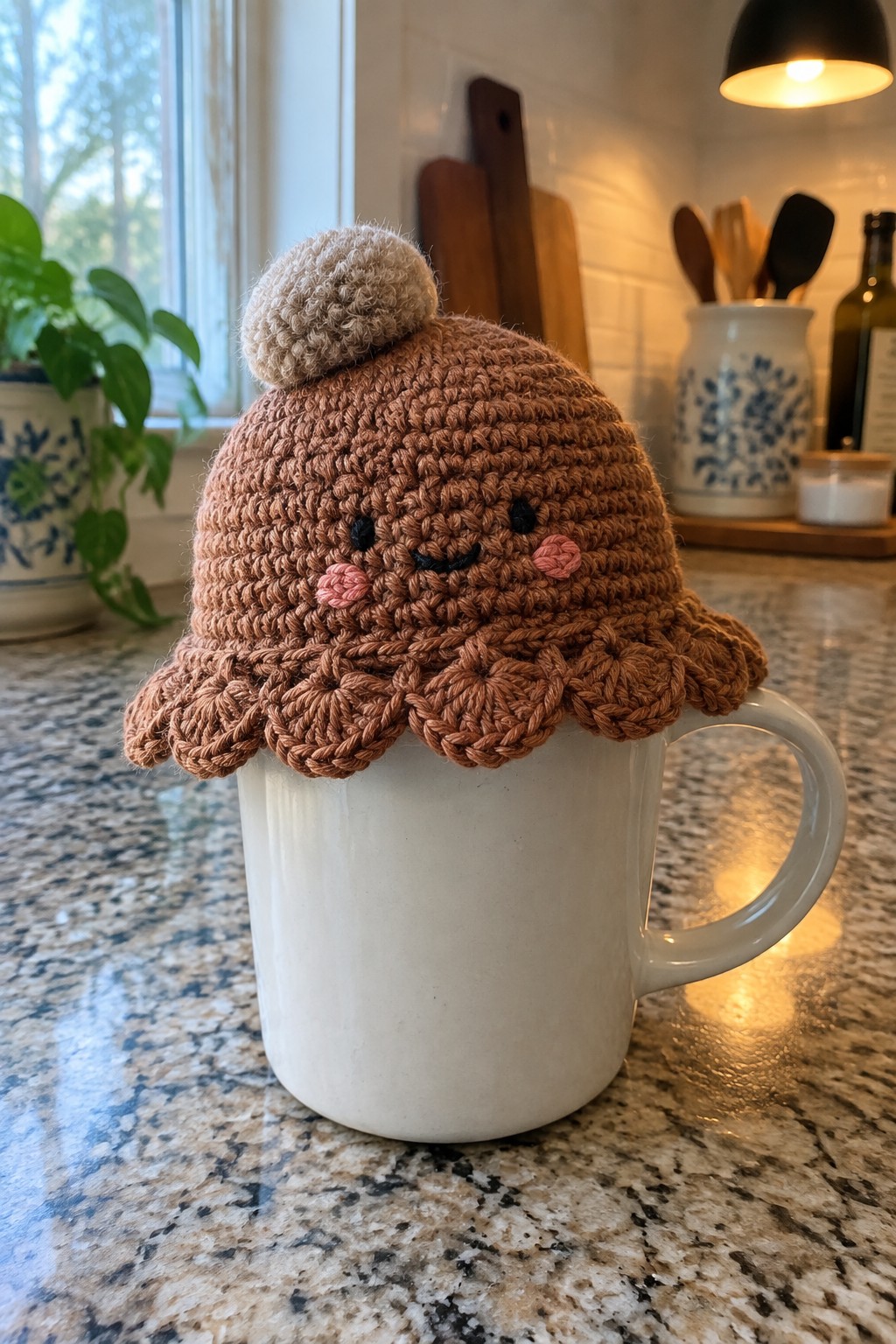 Crocheted brown octopus cozy with pom-pom and face on white mug.