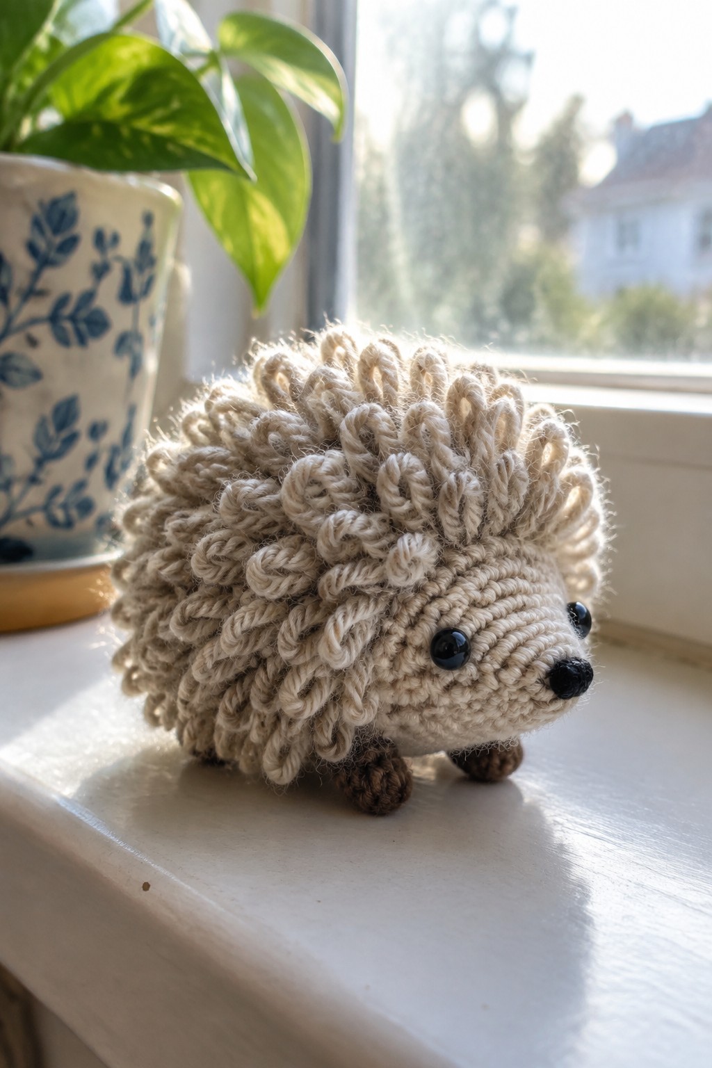 Beige crocheted hedgehog with black eyes on sunny windowsill beside potted plant