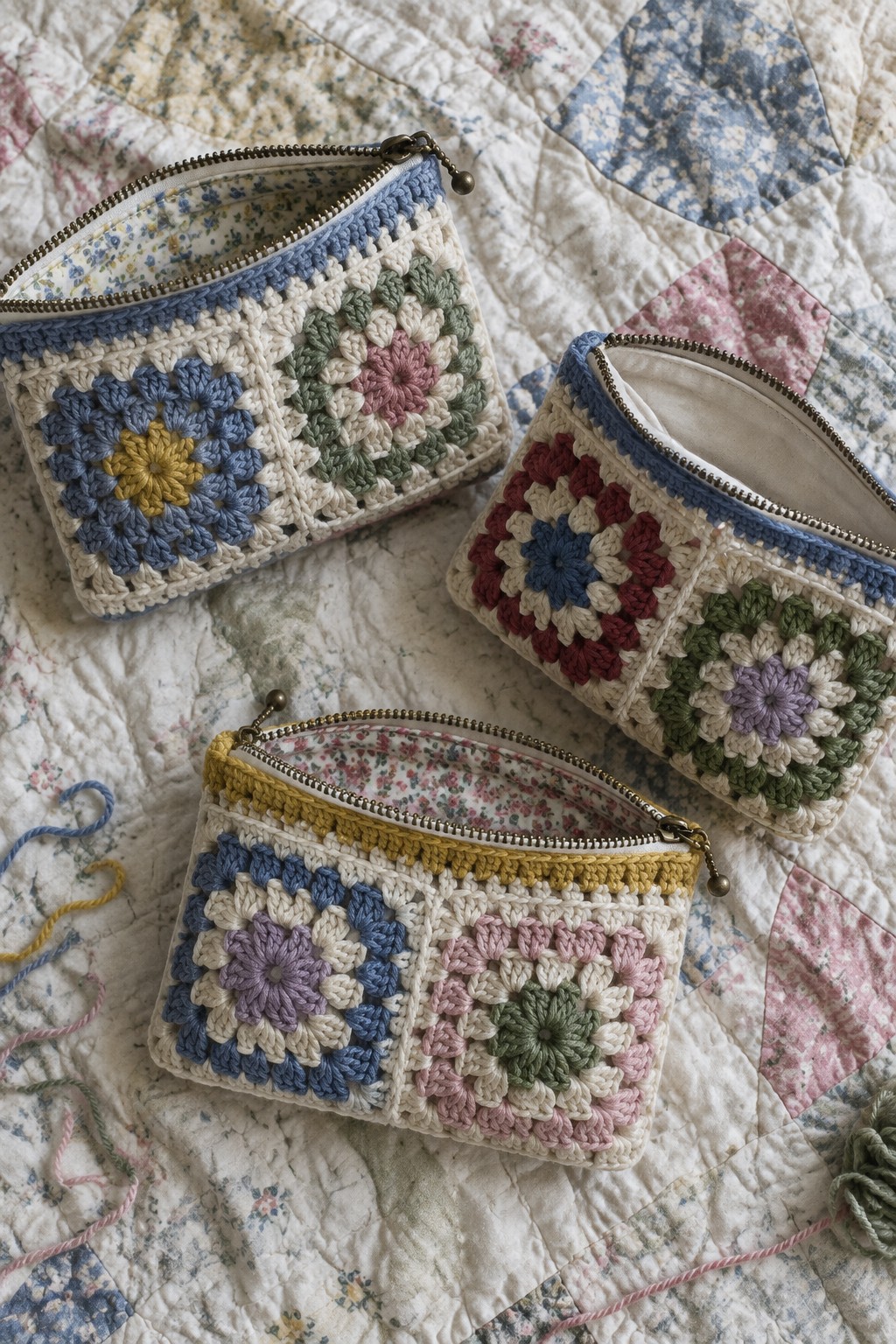 Three small crocheted pouches made from granny squares with zippers sit on a patchwork quilt.