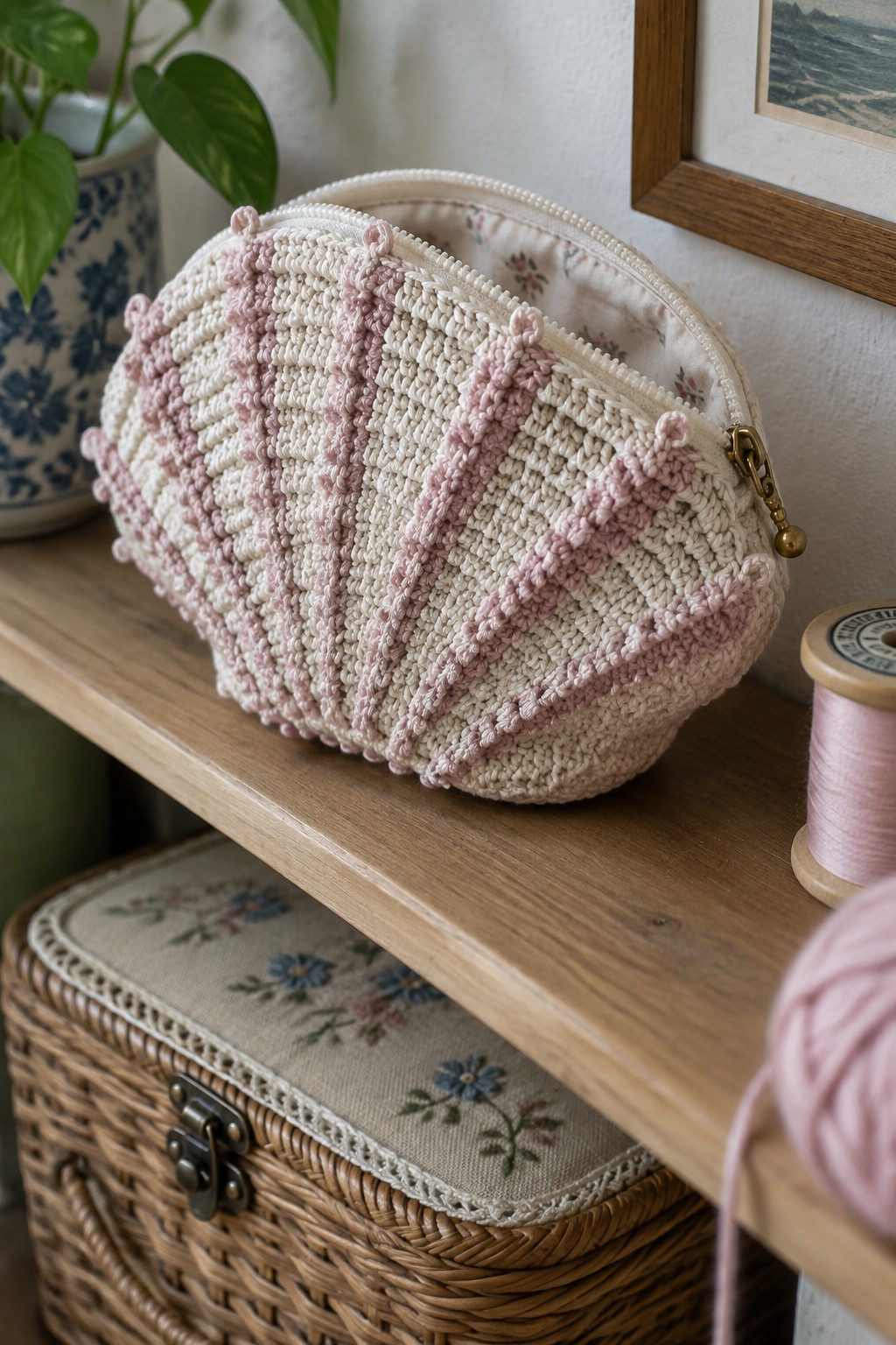 Cream crocheted pouch with pink stripes and zipper on wooden shelf beside yarn