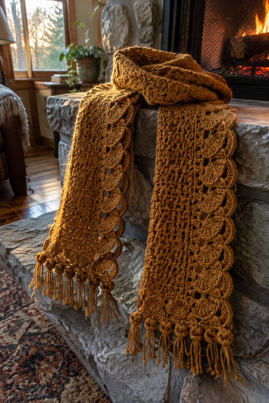 Mustard-yellow crocheted scarf with tassels draped over stone fireplace mantel