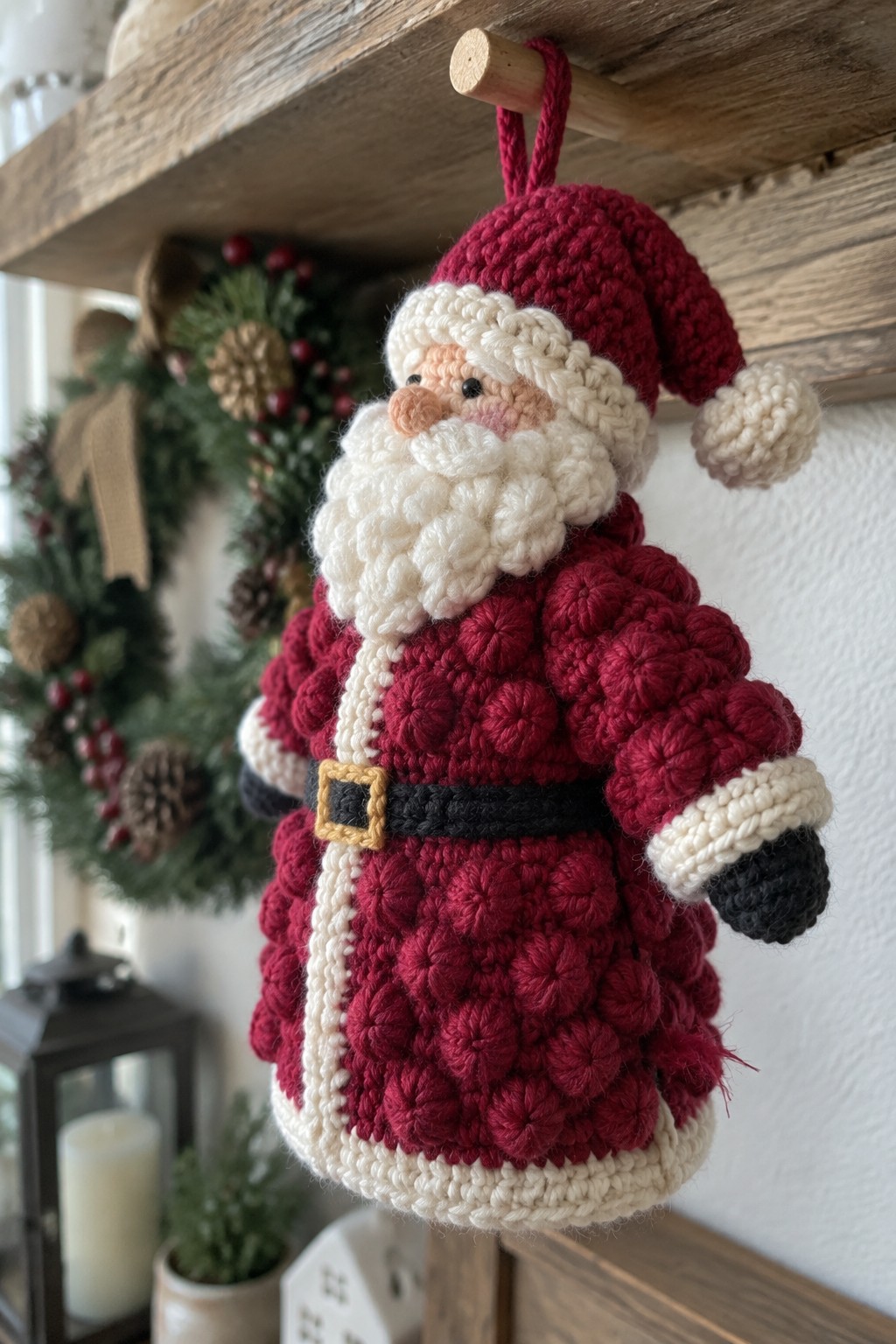 Crocheted red Santa Claus with white beard hanging from wooden shelf beside Christmas wreath