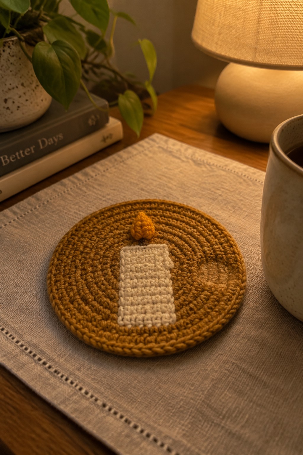 Brown crocheted coaster with white candle and flame on gray linen placemat near mug.