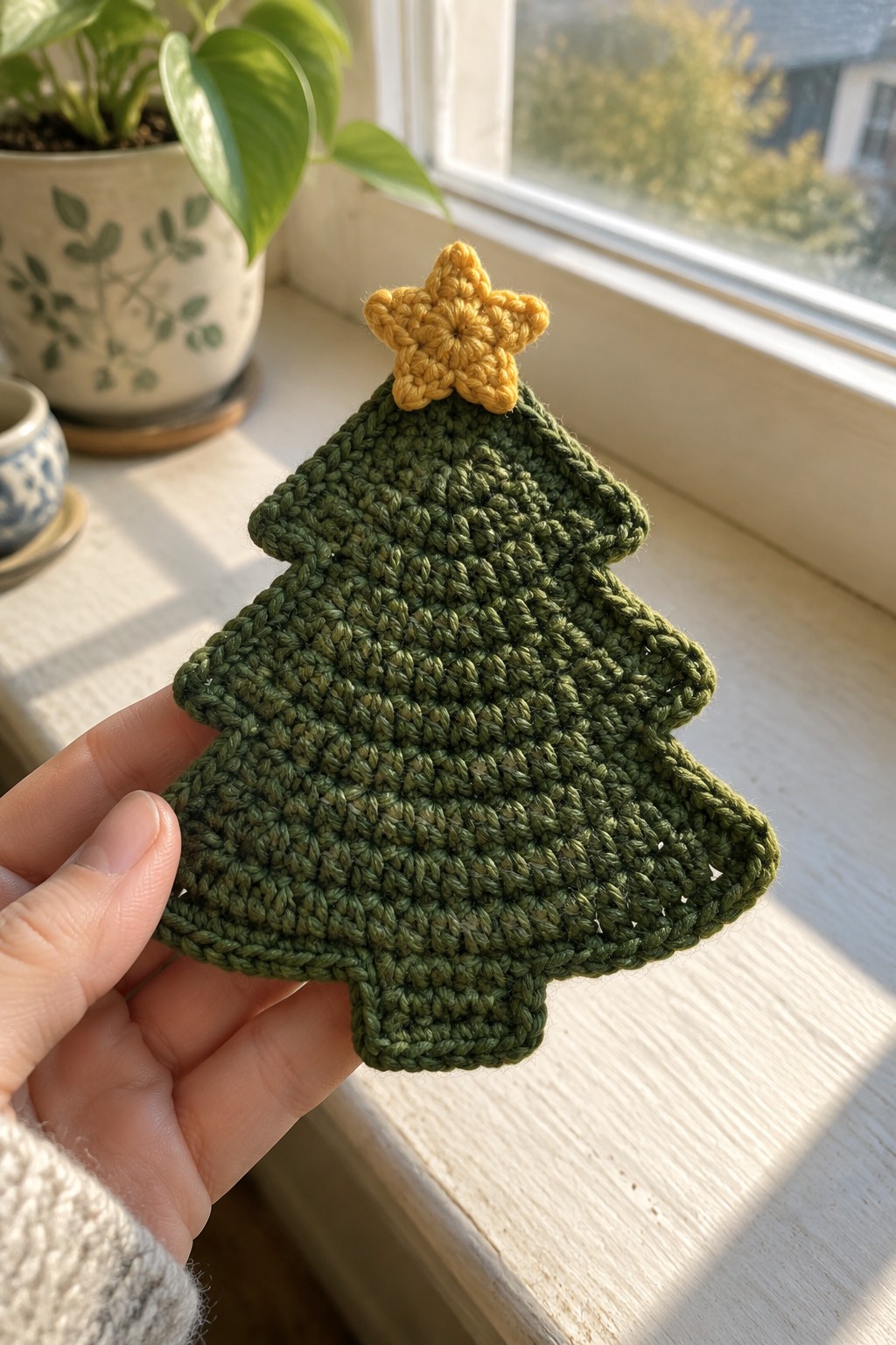 Green crocheted Christmas tree coaster with yellow star held in a hand on a windowsill.