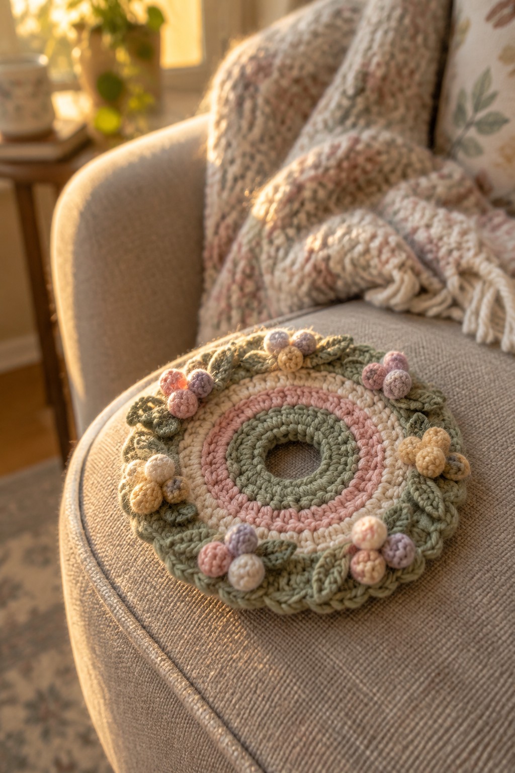 Pastel crocheted doily with rings and pom-pom flowers on beige ottoman