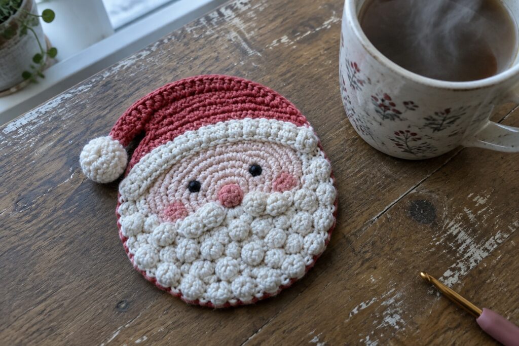 22 Charming Christmas Crochet Coasters Featuring Holiday Motifs Crocheted Santa Claus face coaster on a wooden table beside a coffee mug and crochet hook.
