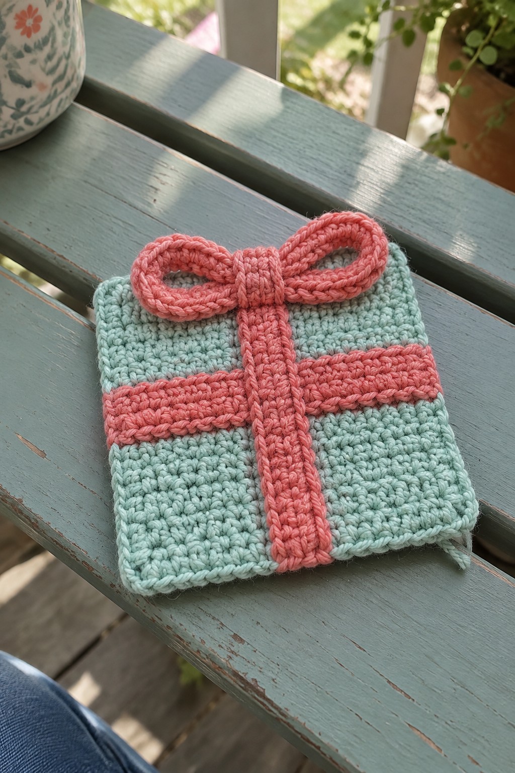 Crocheted mint green square with pink bow and ribbons on green bench
