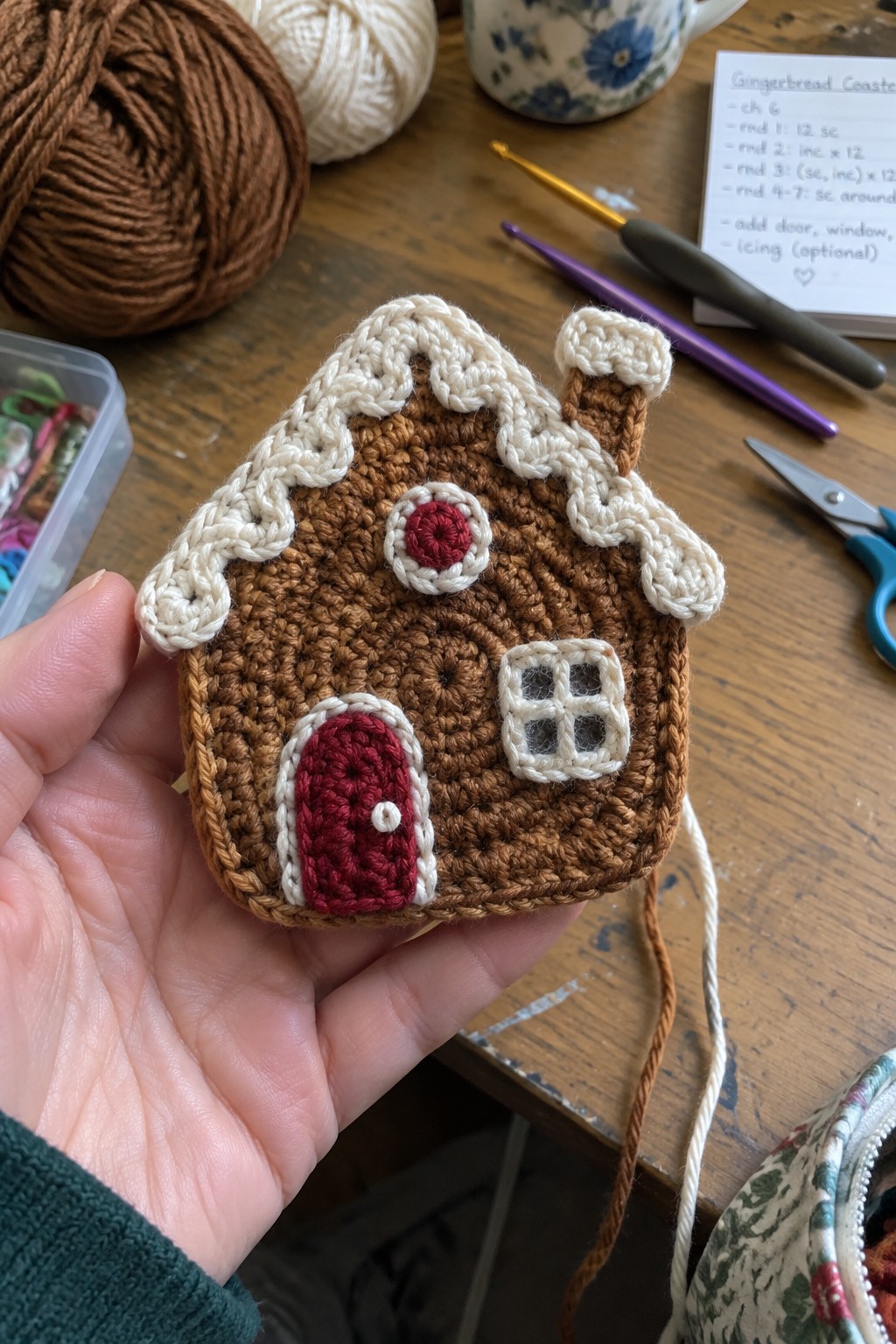 Hand holding brown crocheted gingerbread house coaster with red door and white icing.