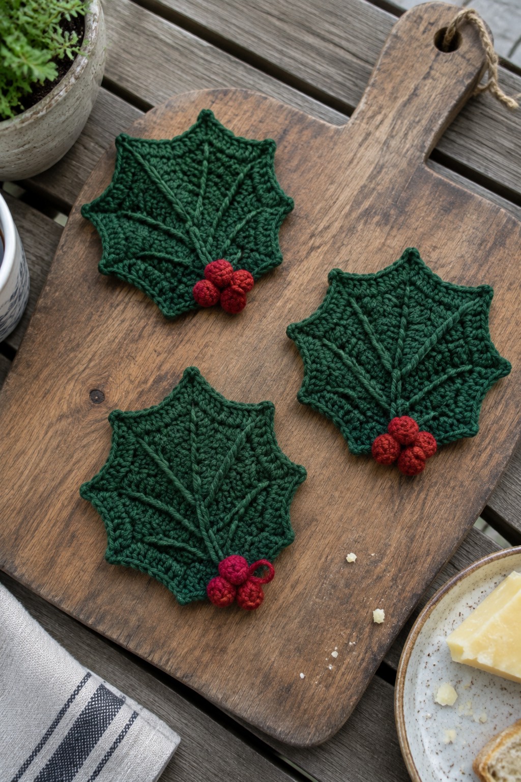 Three green crocheted holly leaf coasters with red berries on wooden board