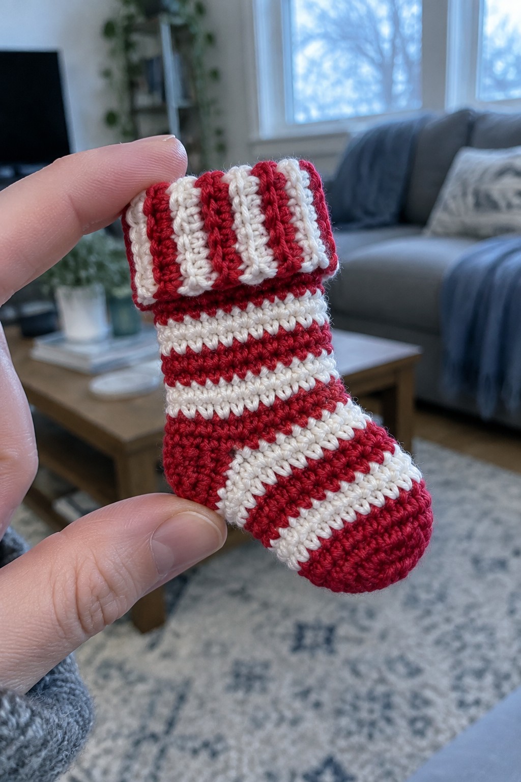 Hand holding small red and white striped crocheted Christmas stocking in living room