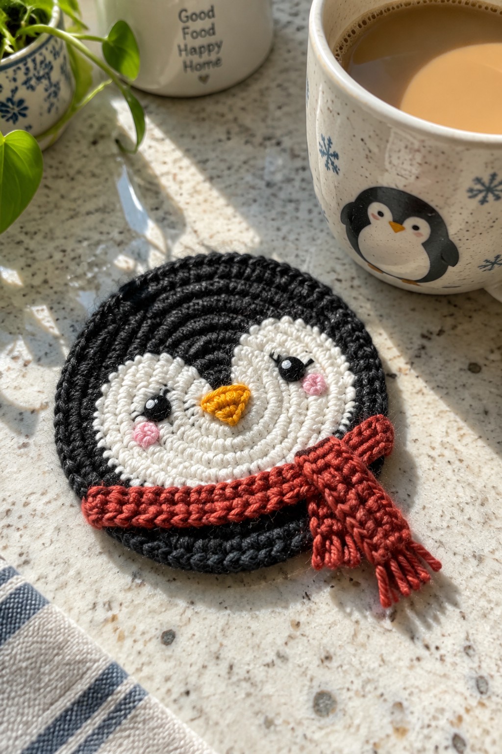 Crocheted black-and-white penguin coaster with red scarf on speckled countertop