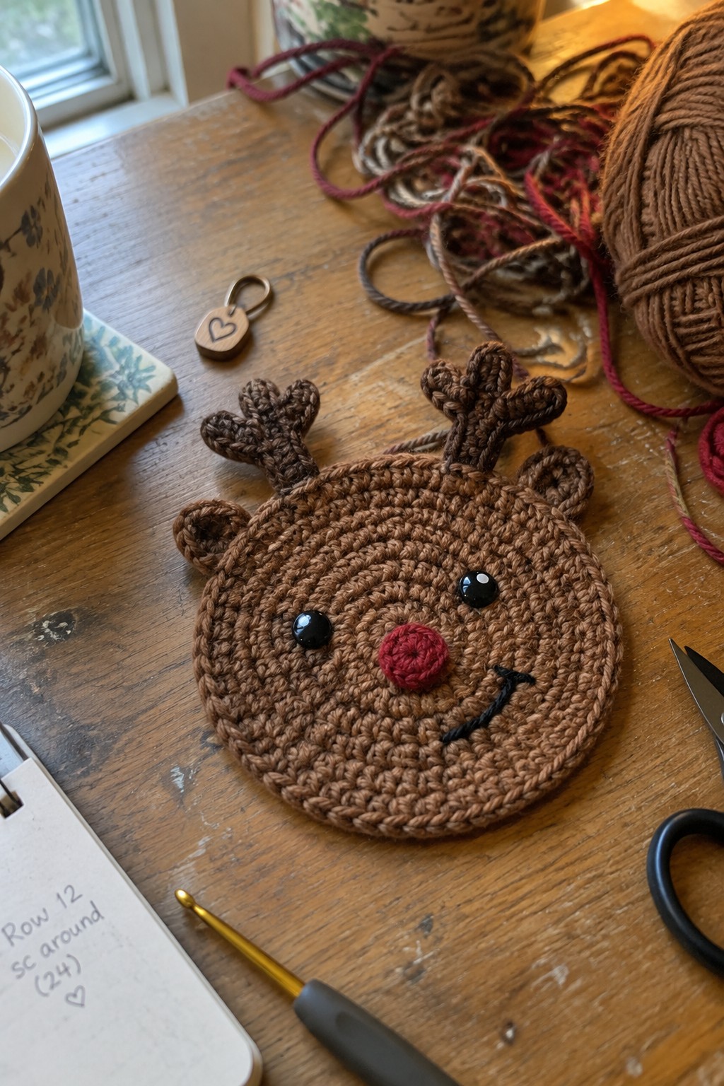 A round brown crocheted reindeer coaster with antlers, ears, black eyes, red nose, and stitched mouth sits on a wooden table next to yarn, a crochet hook, and scissors.