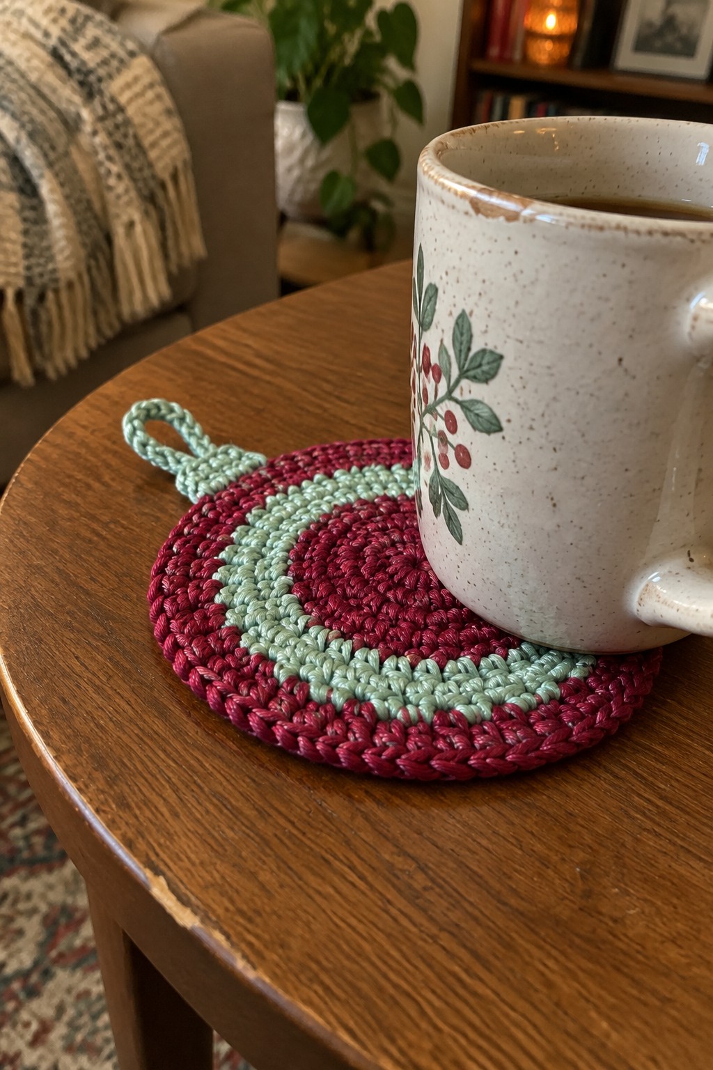 Ceramic mug with berry design on red and green crocheted coaster on wooden table
