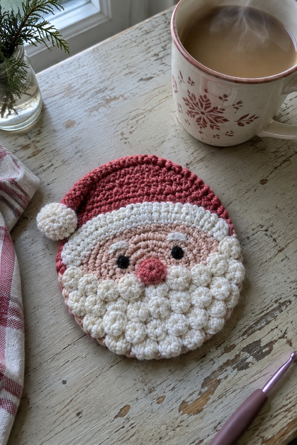 Crocheted Santa Claus face coaster on a wooden table beside a coffee mug and crochet hook.