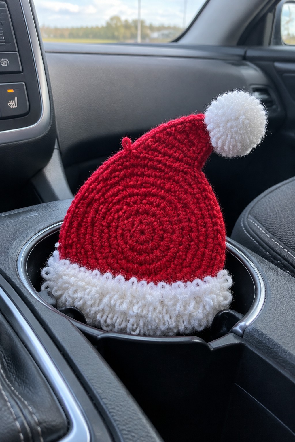 Crocheted red Santa hat with white brim in car cup holder