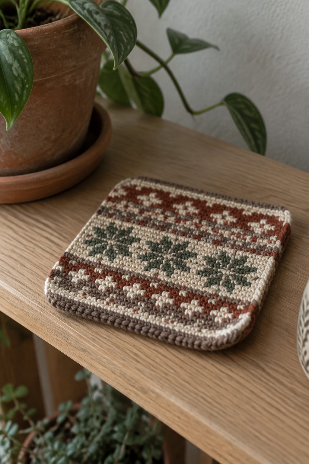 Patterned crocheted square mat in earth tones on wooden table near potted plant