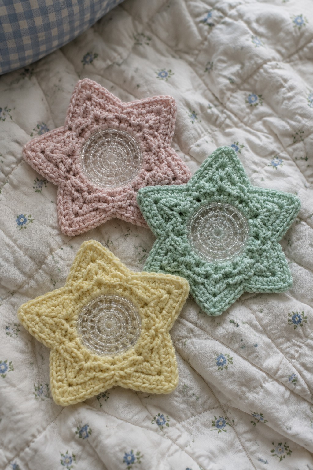 Three pastel crocheted star coasters with glass centers on a floral quilt.