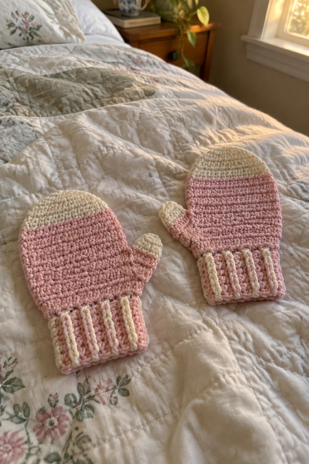 Two pink and white crocheted mittens on a floral quilted bedspread