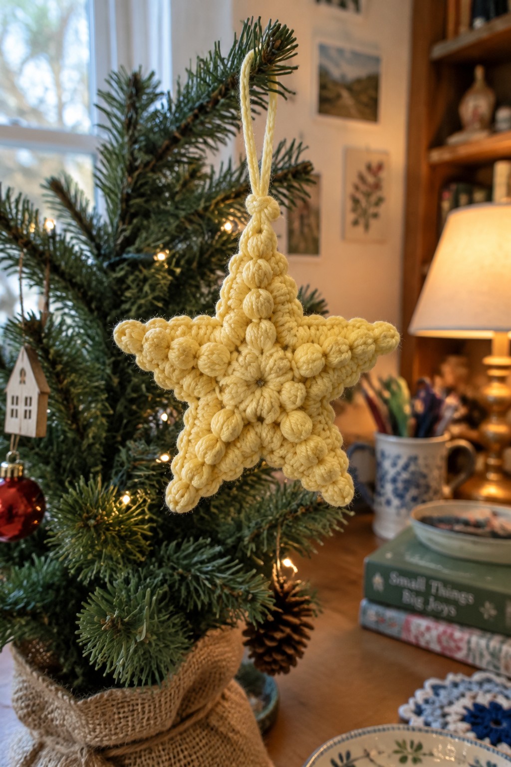 Yellow crocheted star ornament hanging on a small lit Christmas tree.
