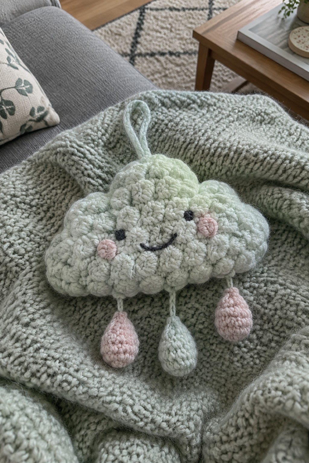 Crocheted mint green cloud toy with smiling face and dangling raindrop tassels on knit blanket.
