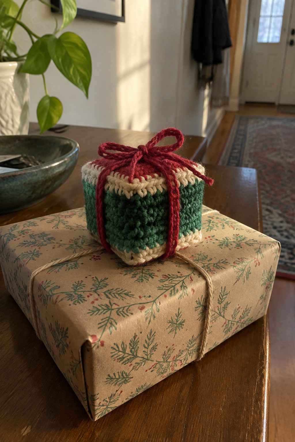 Crocheted red, green, and white cube with yarn bow on wrapped gift box