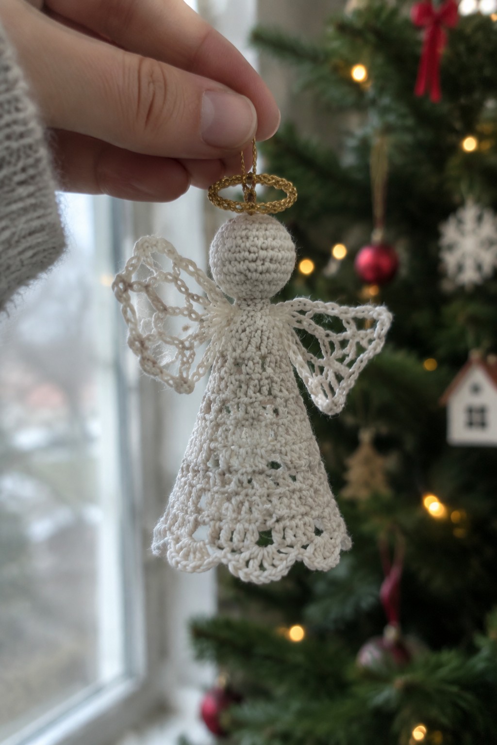Hand holding delicate crocheted white angel ornament with gold halo by Christmas tree