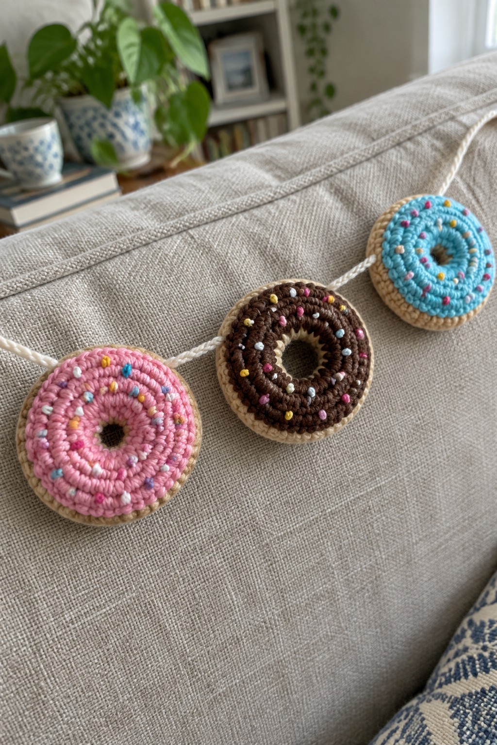 Crocheted donut garland with pink, brown, and blue rings on a couch.