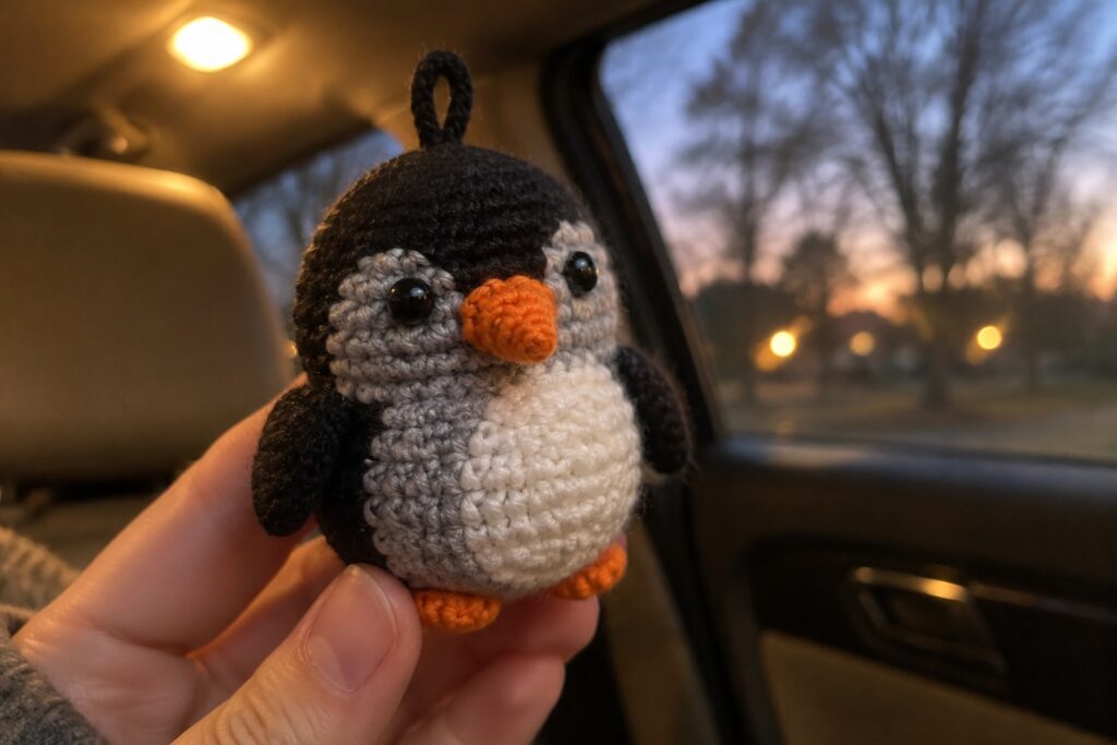 Hand holding crocheted black-gray-white penguin with orange beak inside car at dusk.