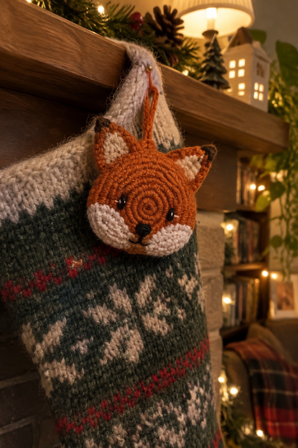 Green knitted Christmas stocking with snowflake pattern and crocheted fox ornament on mantel