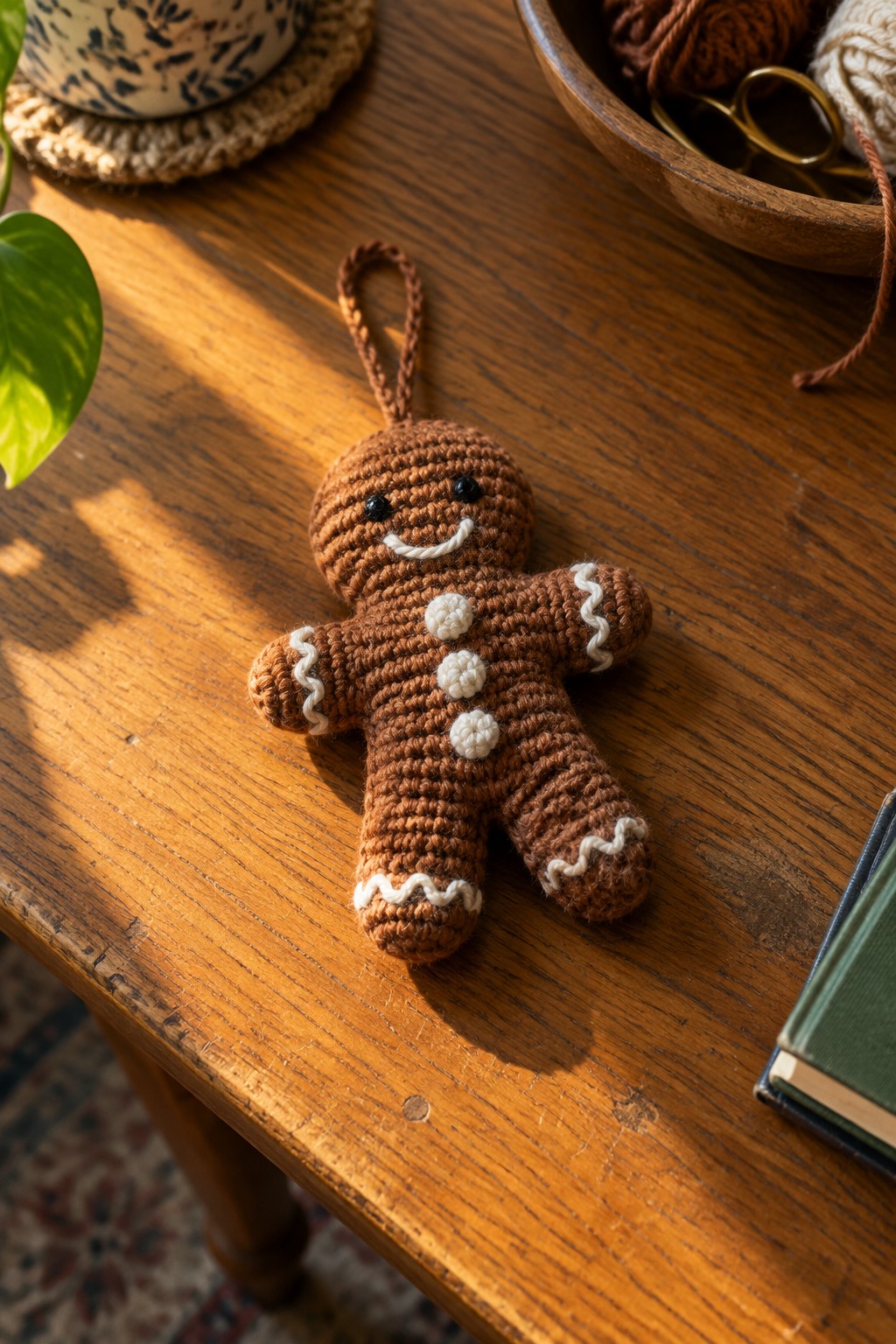Crocheted brown gingerbread man with white trim on wooden table
